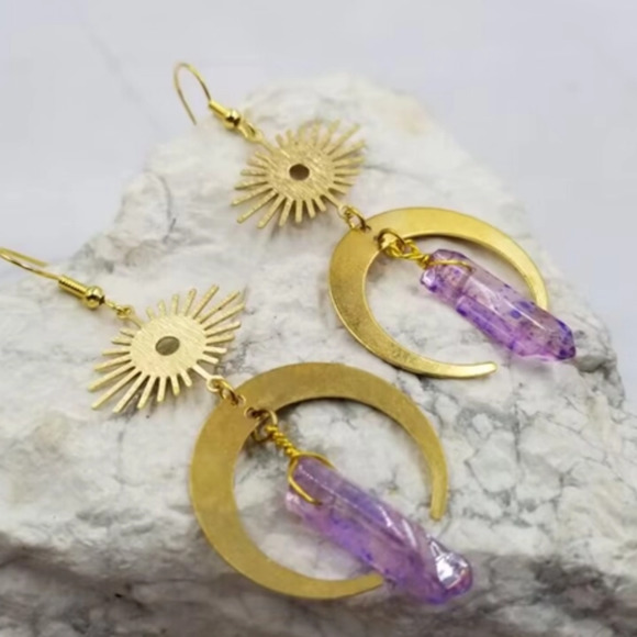 Celestial Sun and Moon Crystal Dangle Earrings - Picture 2 of 3